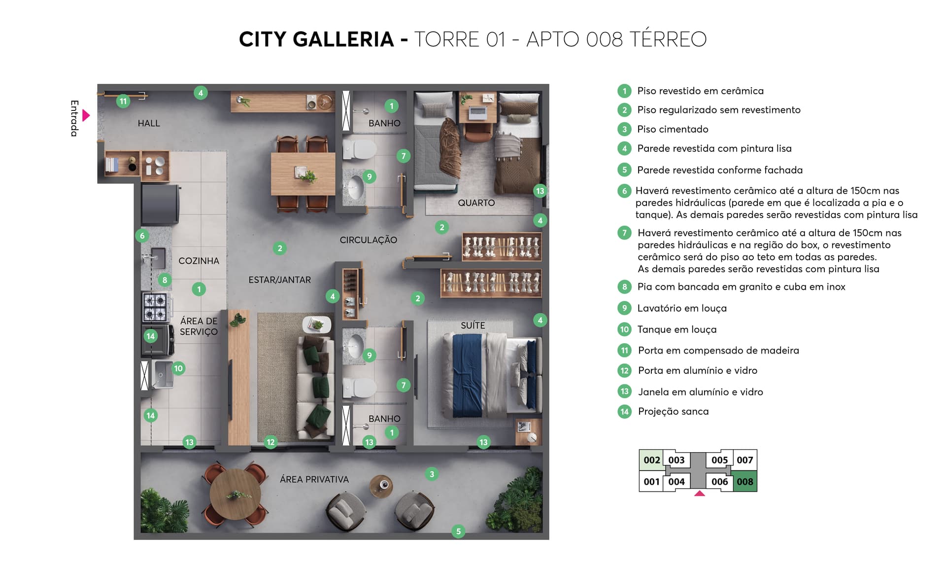 Planta 2 dormitórios com suíte - 45m²